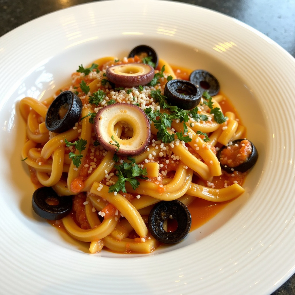 Squid Ink Tagliatelle with Squid and White Wine-Tomato Sauce Recipe