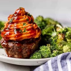 Sunny's Cheat Sheet Mini Meatloaves with Sweet Potatoes and Broccoli Recipe