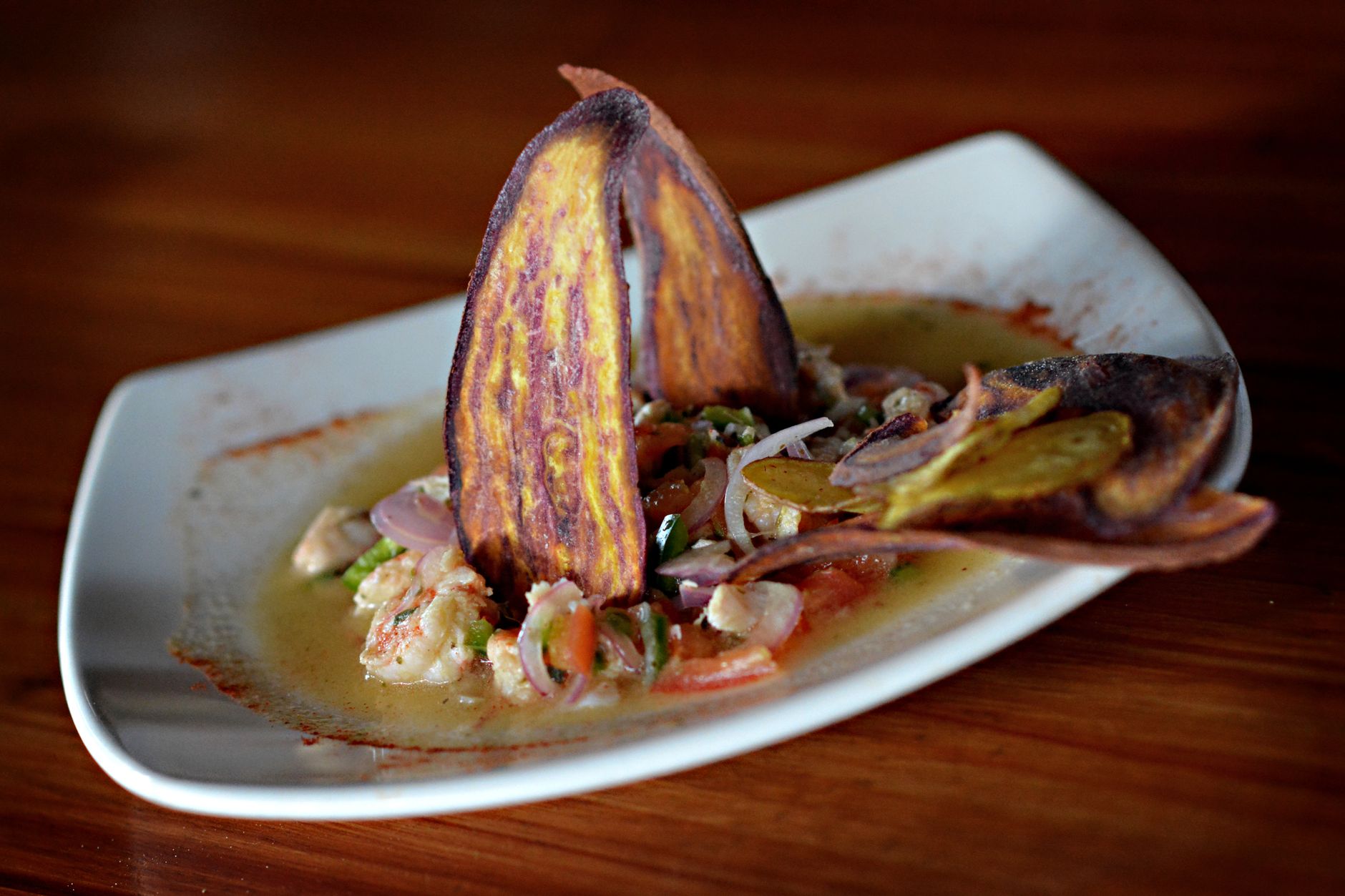 Ceviche Shrimp And Grouper With Serrano Chiles Mango Smoked Tomatoes Crispy Plantain Chips Recipe